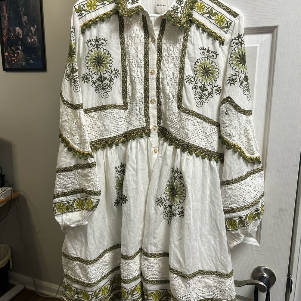 Anthropologie Maeve Ivory and Olive Embroidered Long Sleeve Dress - Picture 4 of 10